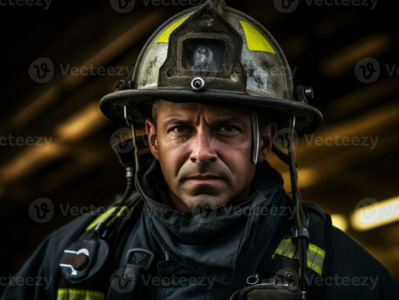 Courageous male firefighter fearlessly confronts the blazing inferno AI Generative photo