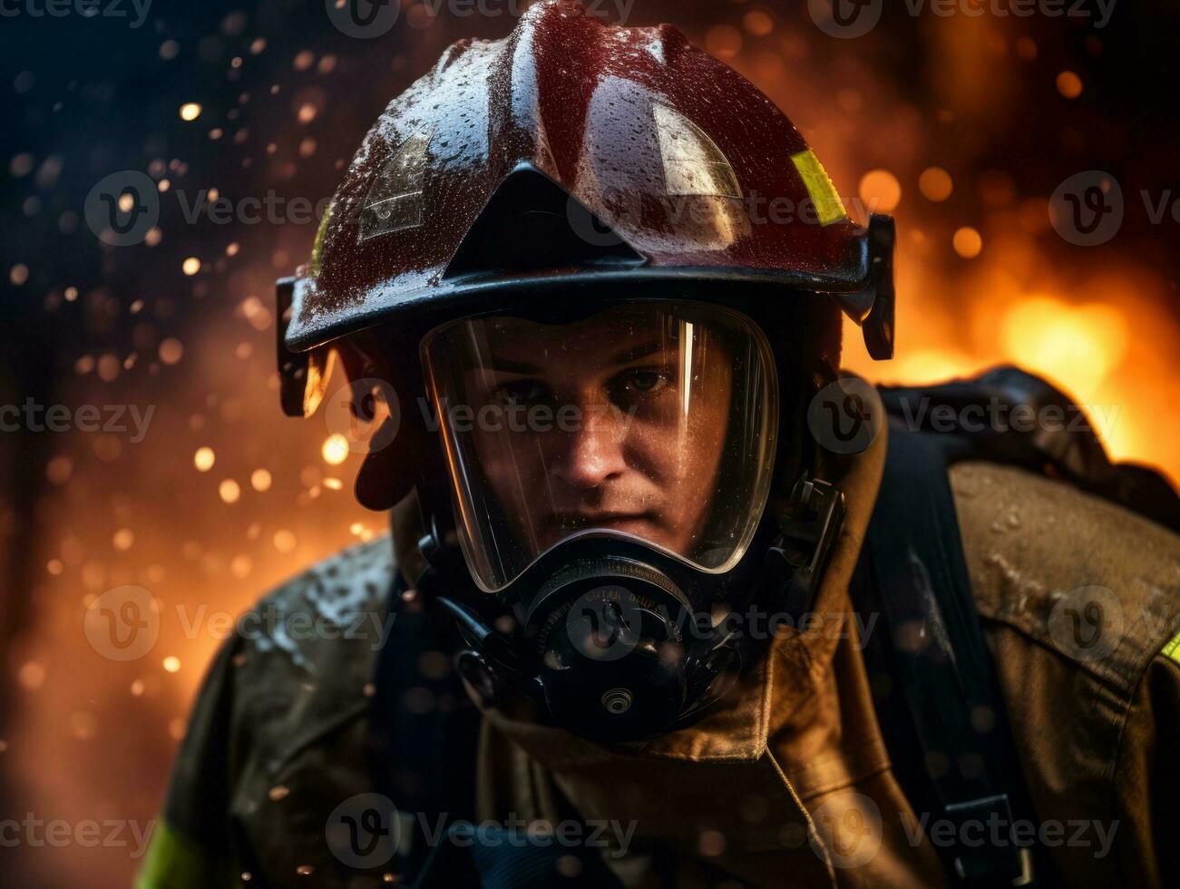 Courageous male firefighter fearlessly confronts the blazing inferno AI Generative photo