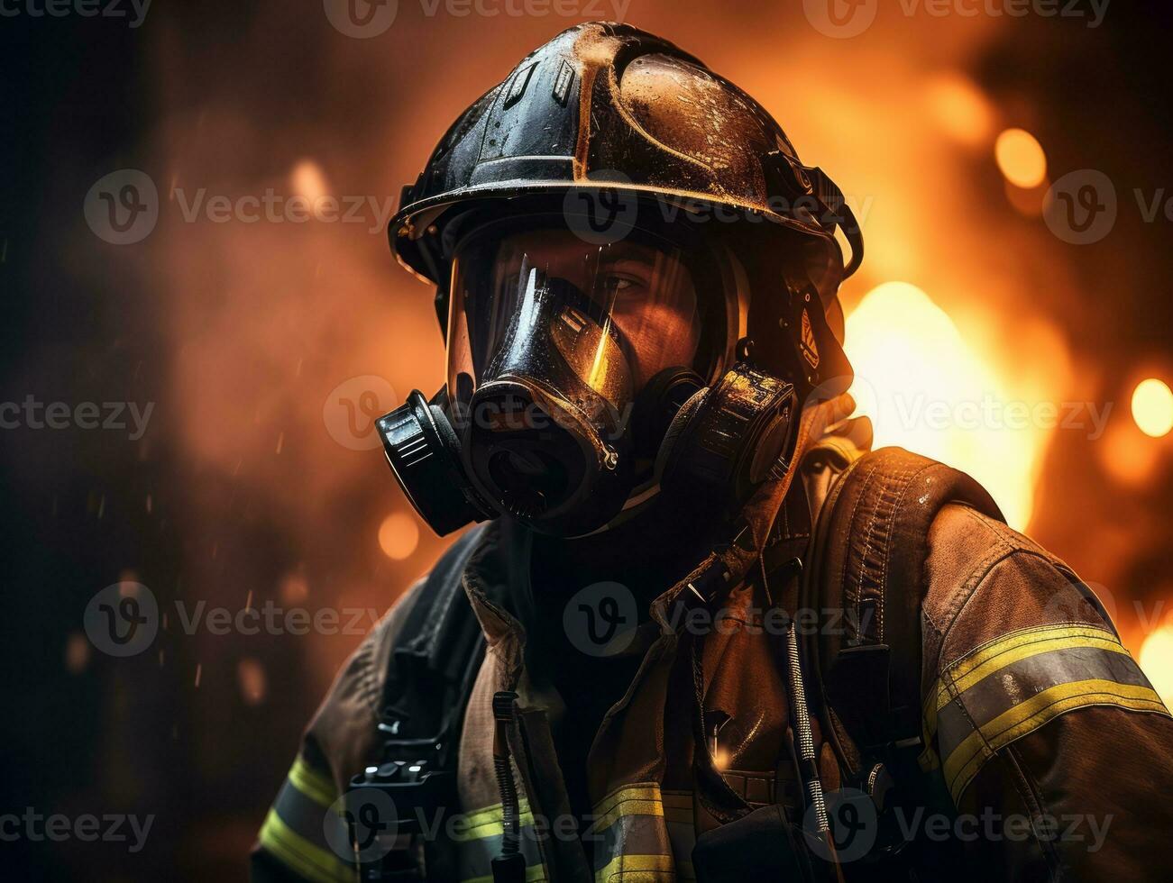 Courageous male firefighter fearlessly confronts the blazing inferno AI Generative photo