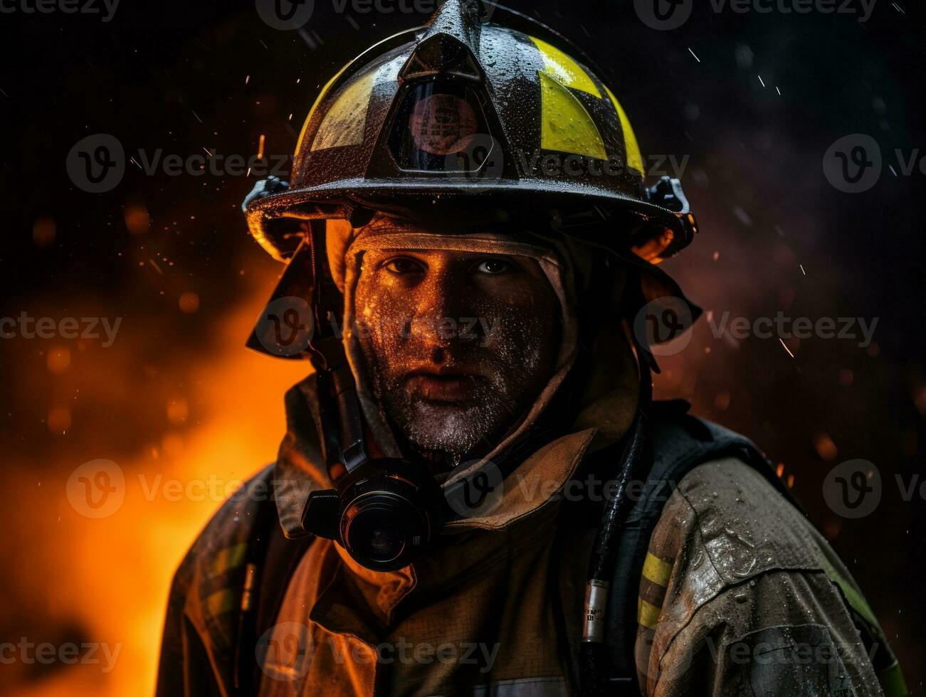 Courageous male firefighter fearlessly confronts the blazing inferno AI Generative photo