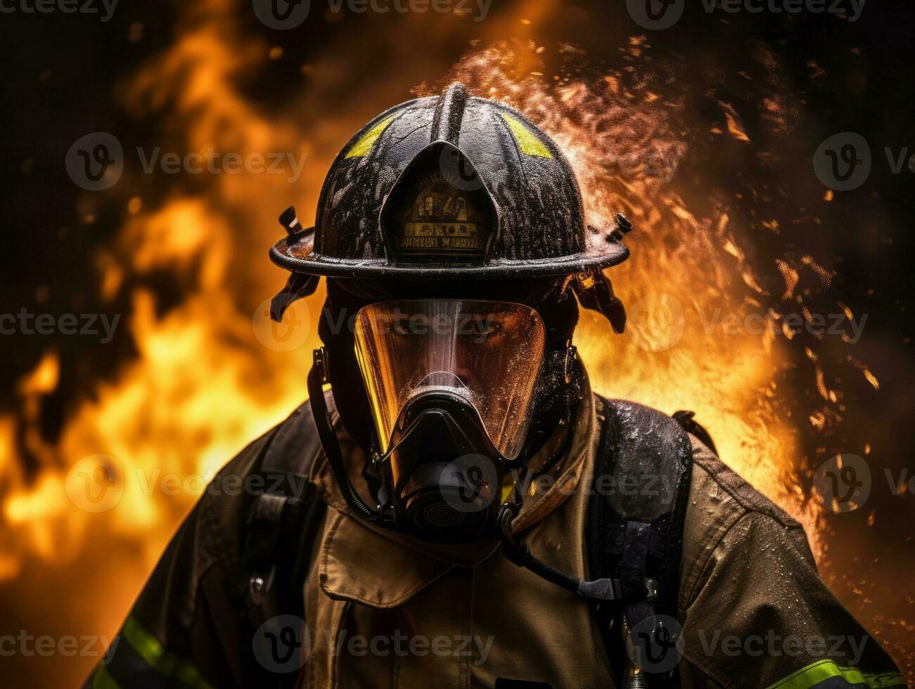 Courageous male firefighter fearlessly confronts the blazing inferno AI Generative photo