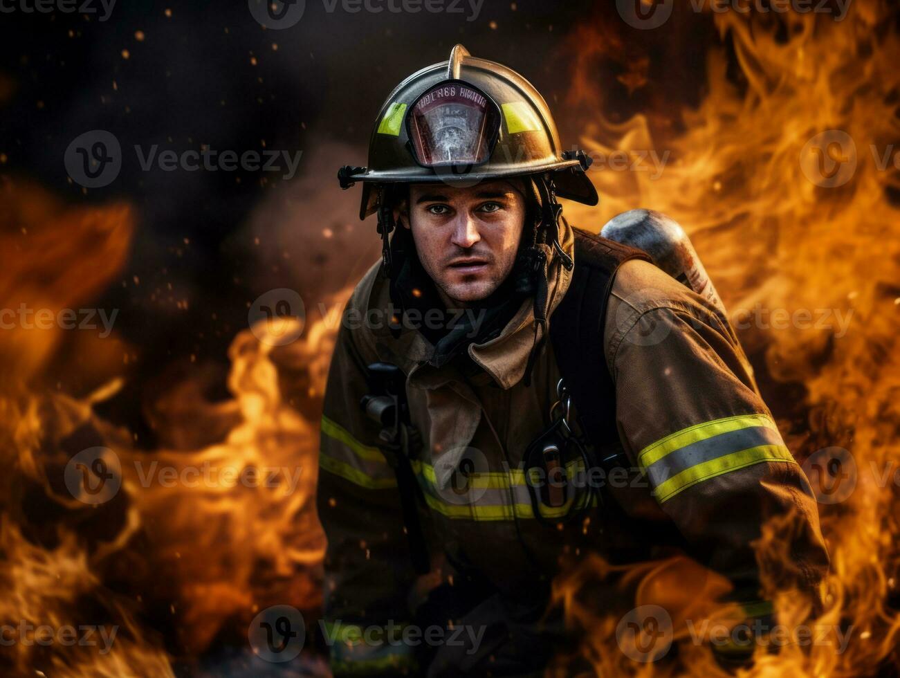 Courageous male firefighter fearlessly confronts the blazing inferno AI Generative photo