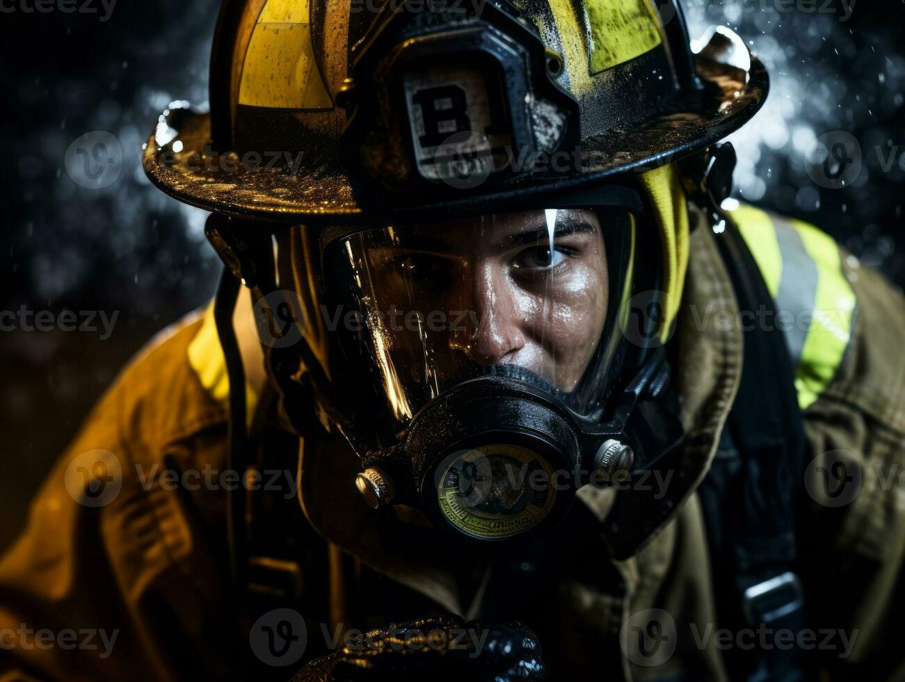 Courageous male firefighter fearlessly confronts the blazing inferno AI Generative photo