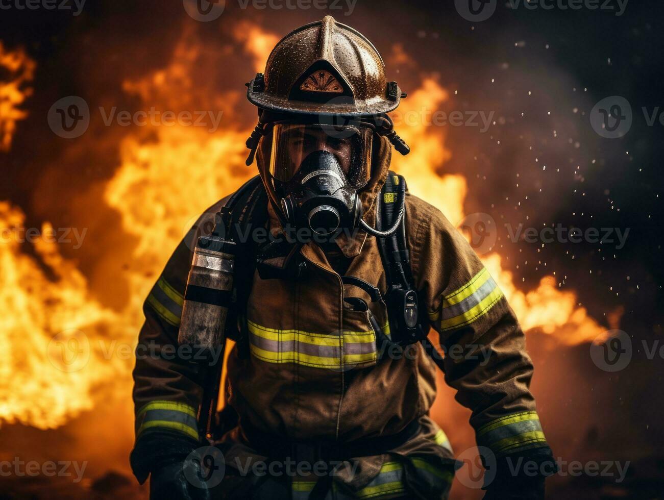 Courageous male firefighter fearlessly confronts the blazing inferno AI Generative photo