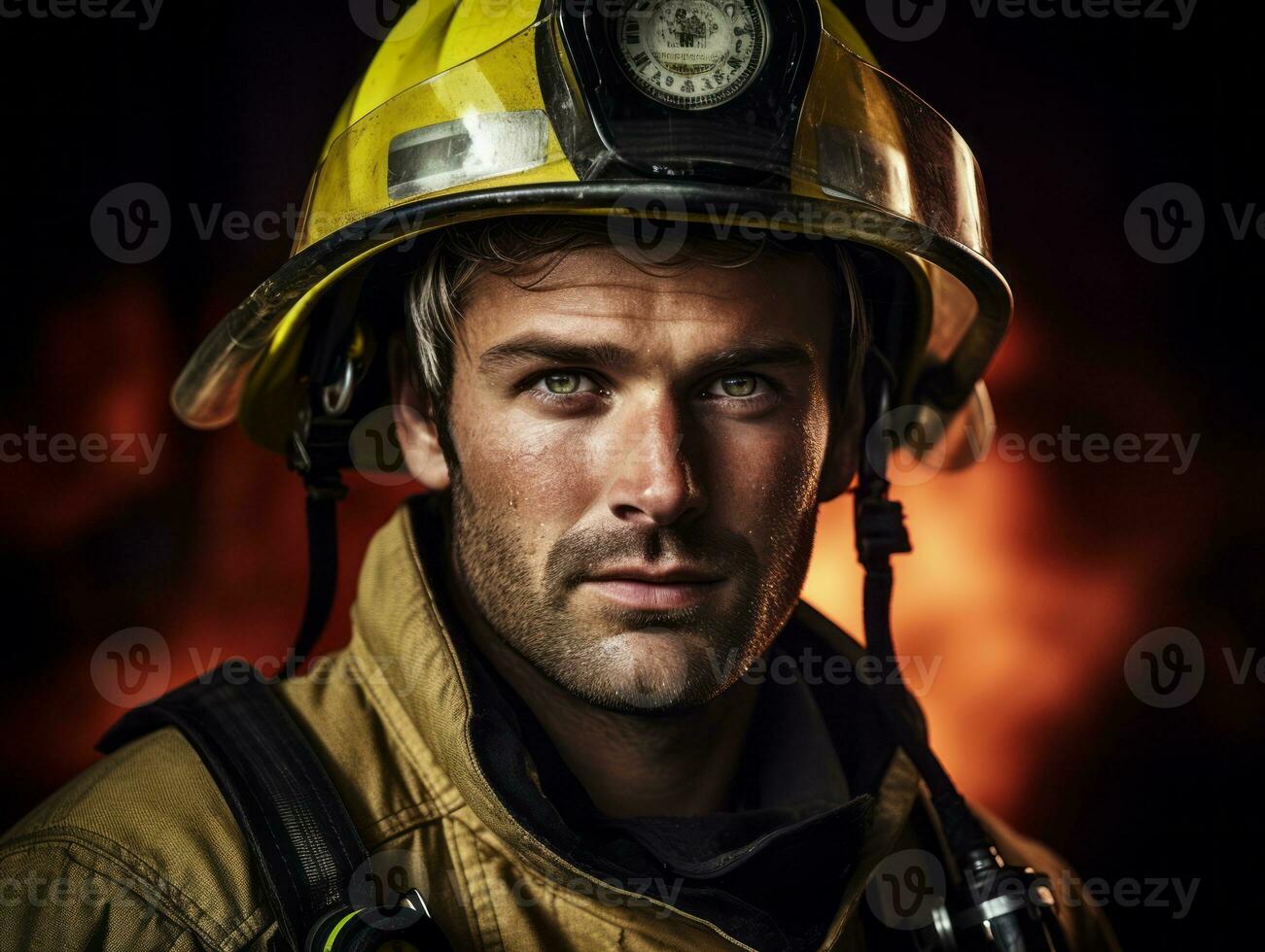 Courageous male firefighter fearlessly confronts the blazing inferno AI Generative photo