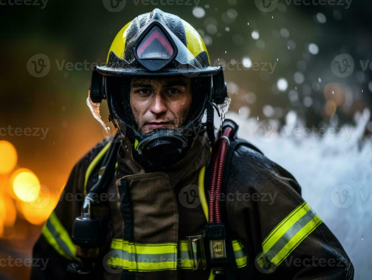 valiente masculino bombero sin miedo confronta el flameante infierno ai generativo foto