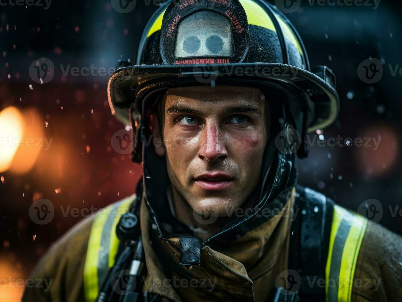 Courageous male firefighter fearlessly confronts the blazing inferno AI Generative photo