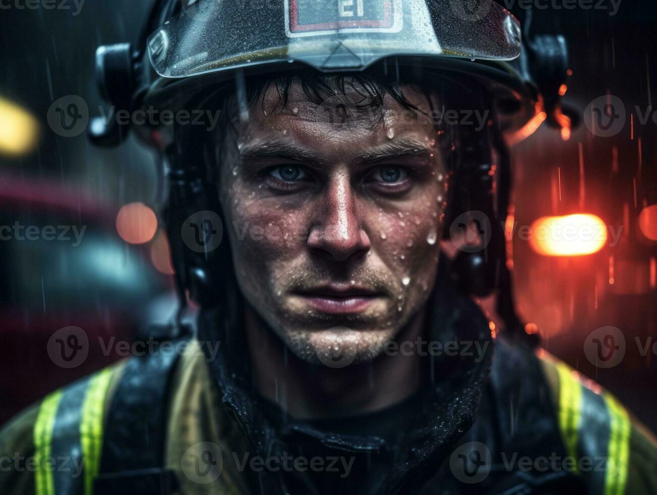 Courageous male firefighter fearlessly confronts the blazing inferno AI Generative photo