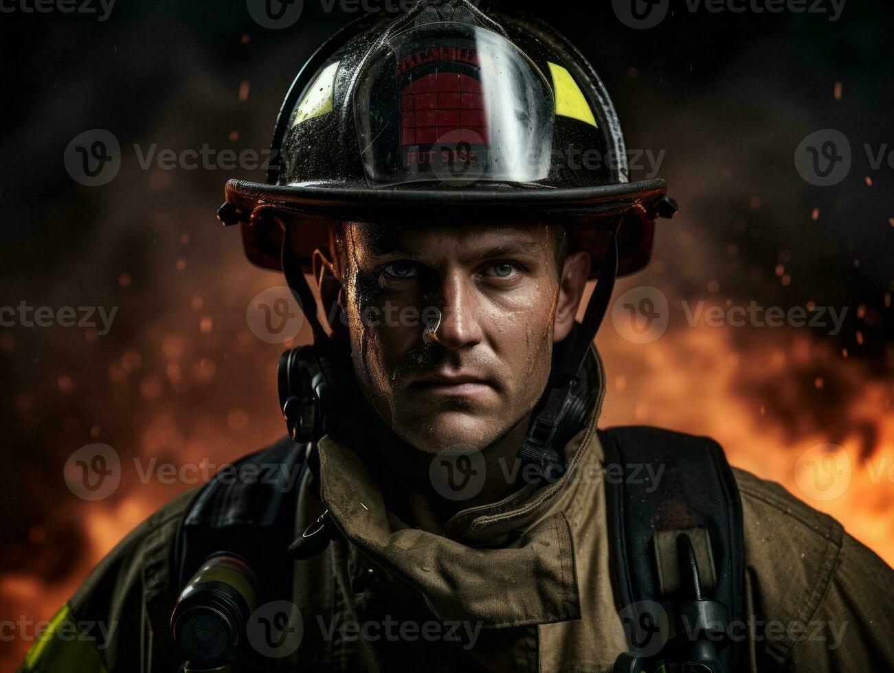 Courageous male firefighter fearlessly confronts the blazing inferno AI Generative photo