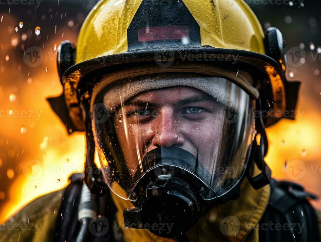 Courageous male firefighter fearlessly confronts the blazing inferno AI Generative photo