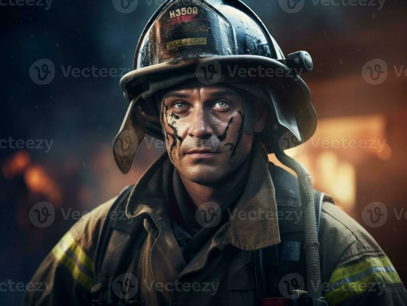 Courageous male firefighter fearlessly confronts the blazing inferno AI Generative photo
