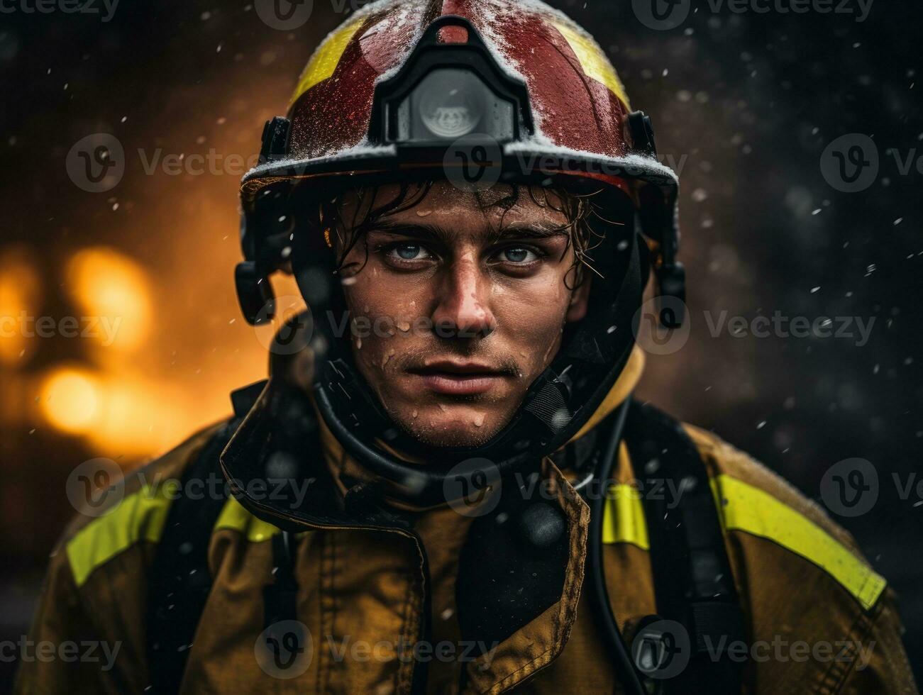 Courageous male firefighter fearlessly confronts the blazing inferno AI Generative photo