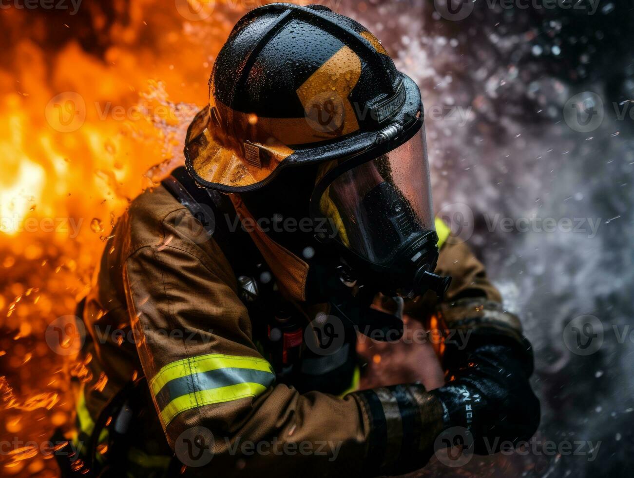 valiente masculino bombero sin miedo confronta el flameante infierno ai generativo foto