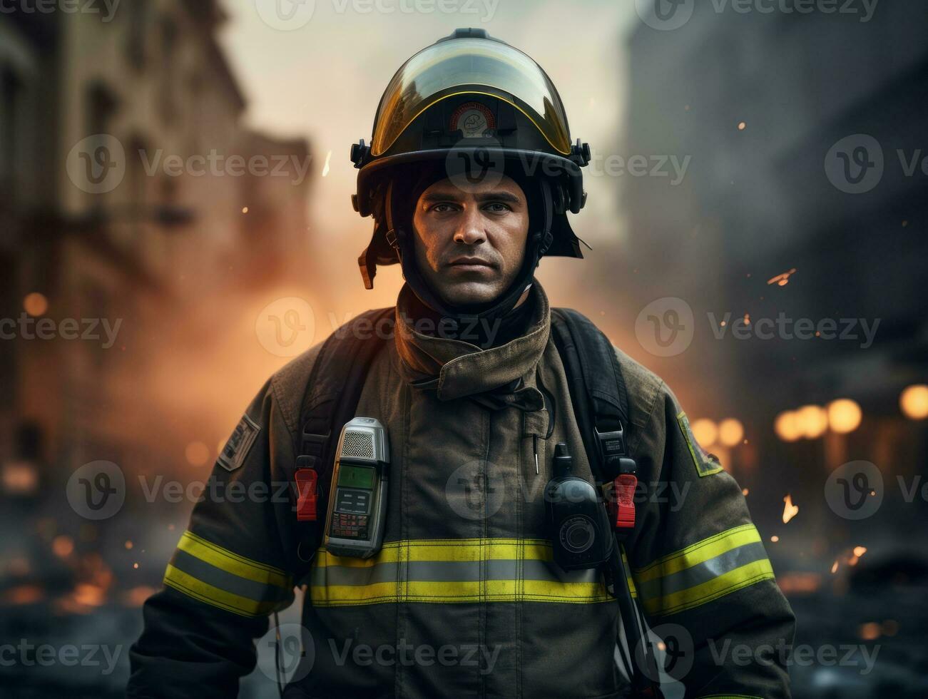 Courageous male firefighter fearlessly confronts the blazing inferno AI Generative photo