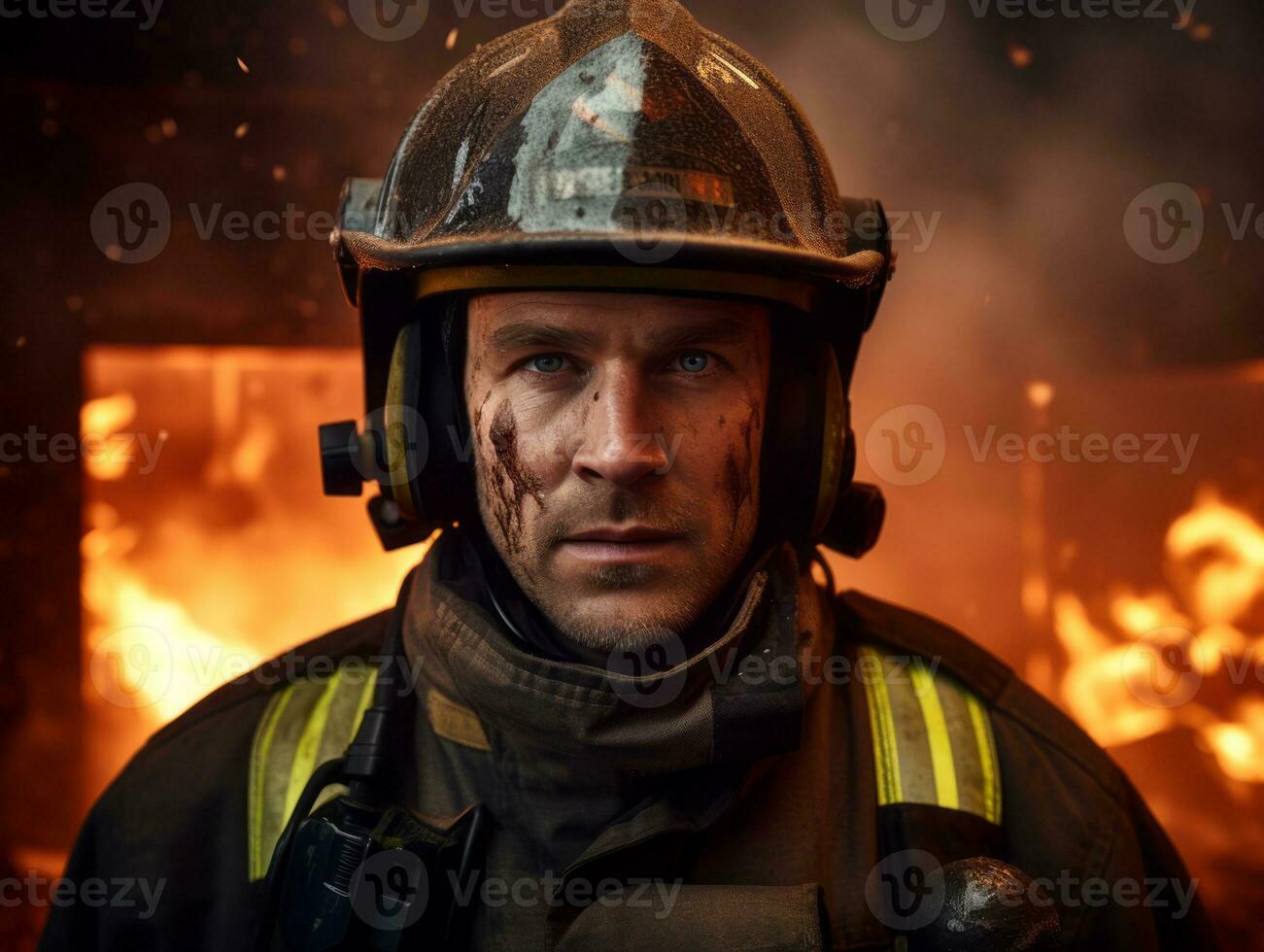 Courageous male firefighter fearlessly confronts the blazing inferno AI Generative photo