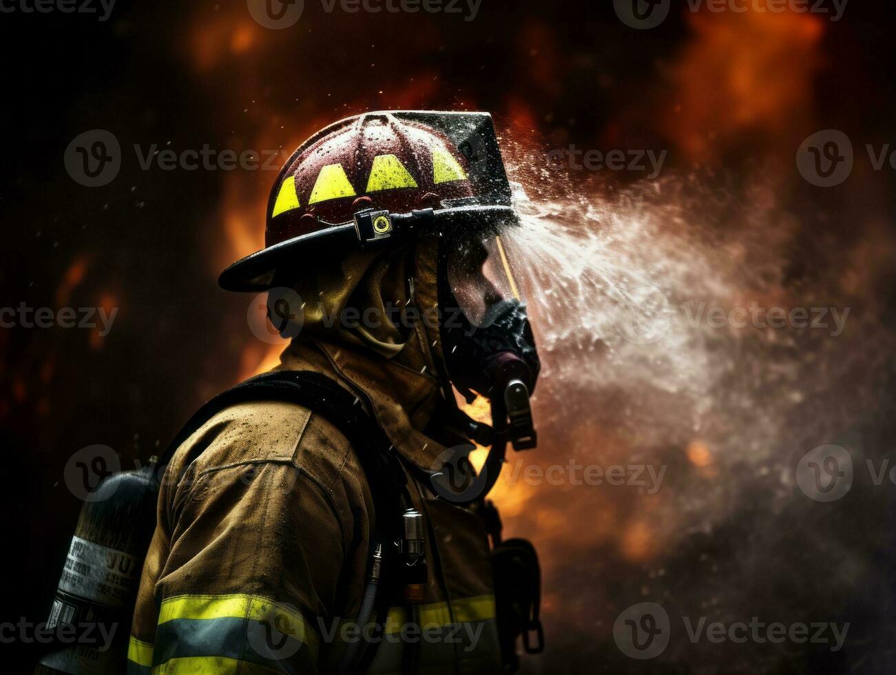 Courageous male firefighter fearlessly confronts the blazing inferno AI Generative photo