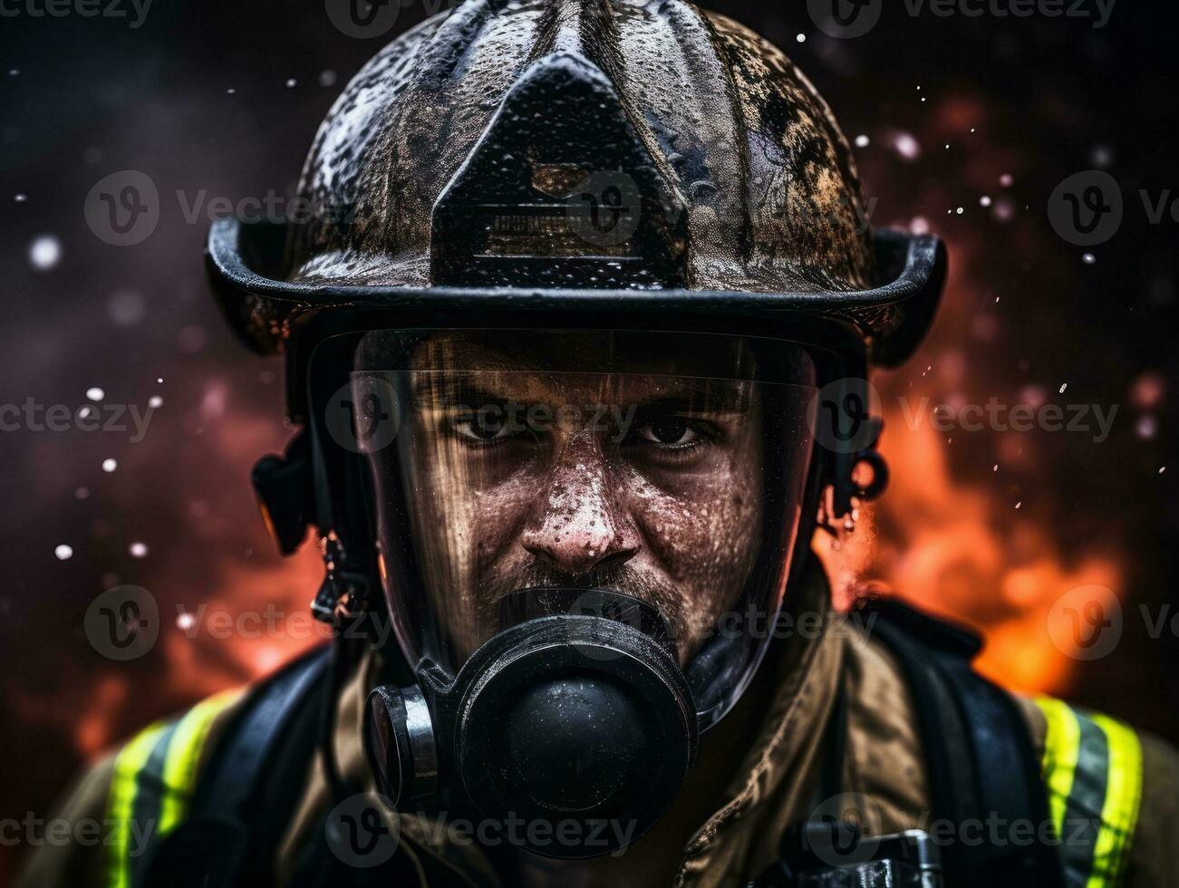 Courageous male firefighter fearlessly confronts the blazing inferno AI Generative photo