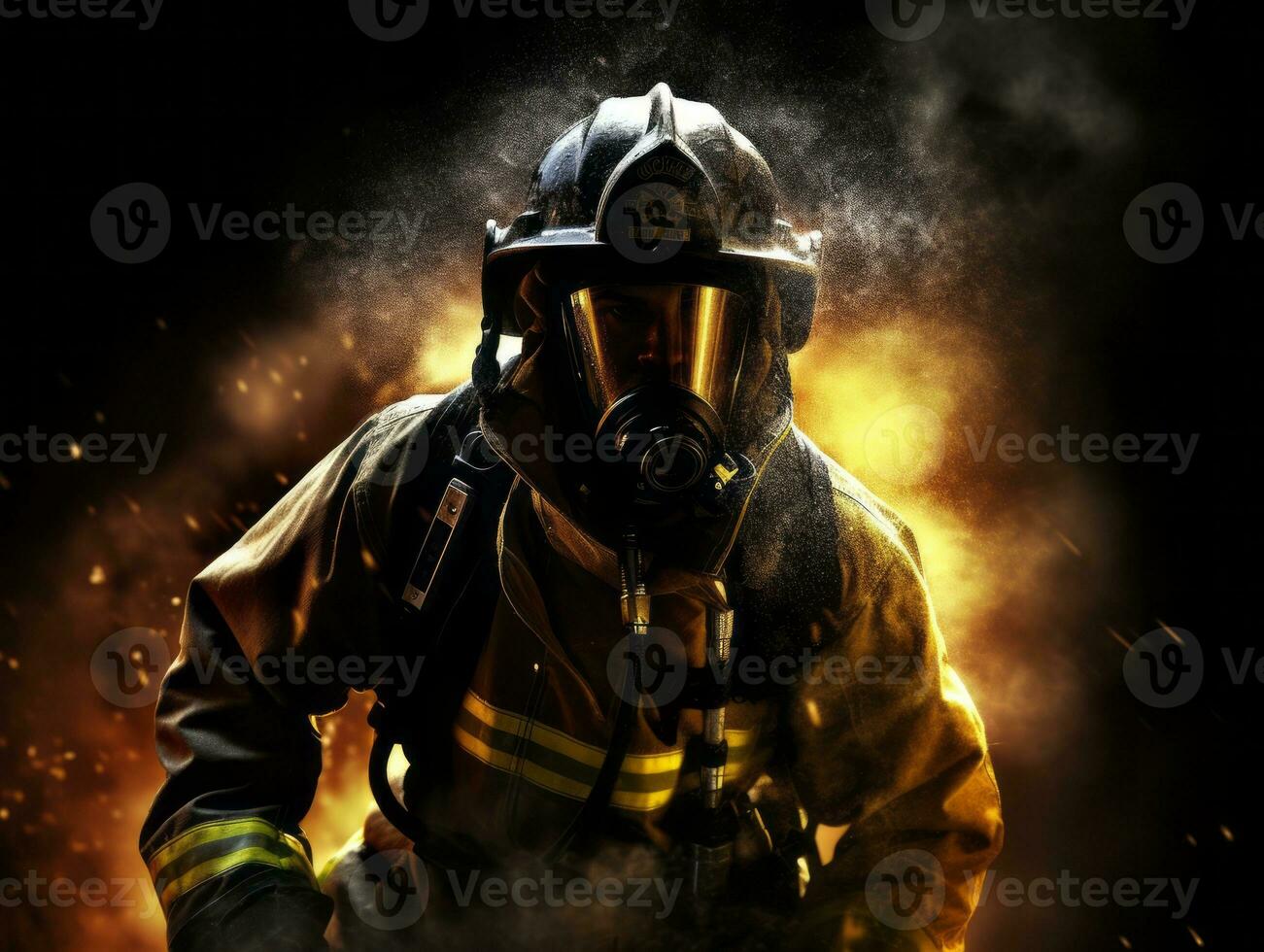 Courageous male firefighter fearlessly confronts the blazing inferno AI Generative photo