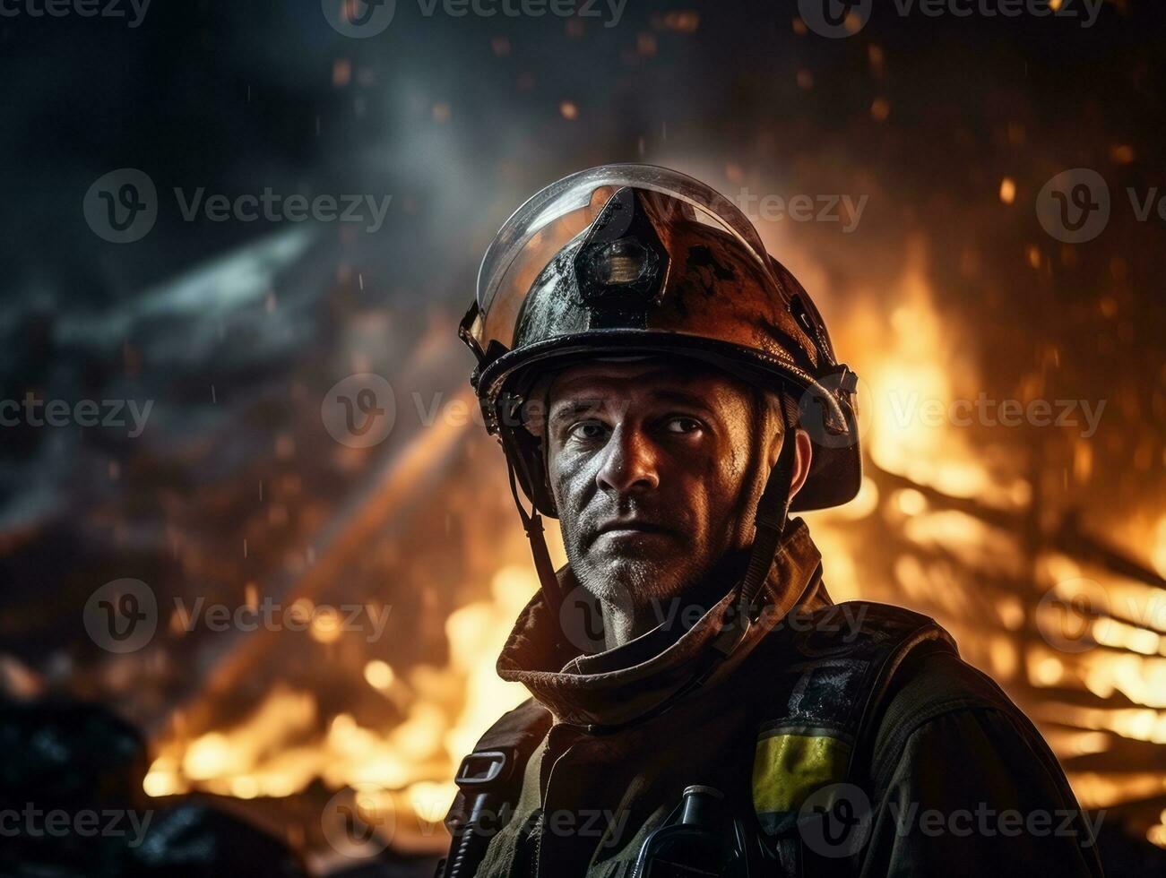 Courageous male firefighter fearlessly confronts the blazing inferno AI Generative photo