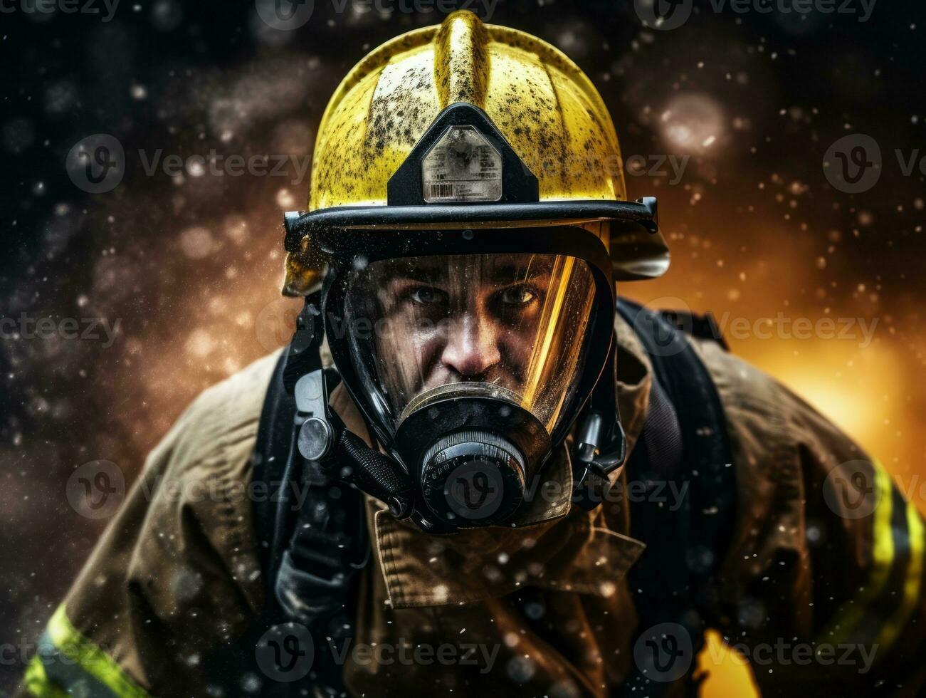 Courageous male firefighter fearlessly confronts the blazing inferno AI Generative photo