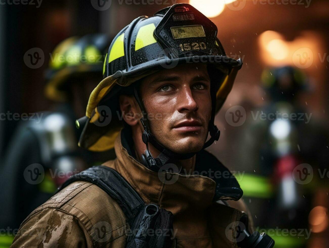 valiente masculino bombero sin miedo confronta el flameante infierno ai generativo foto