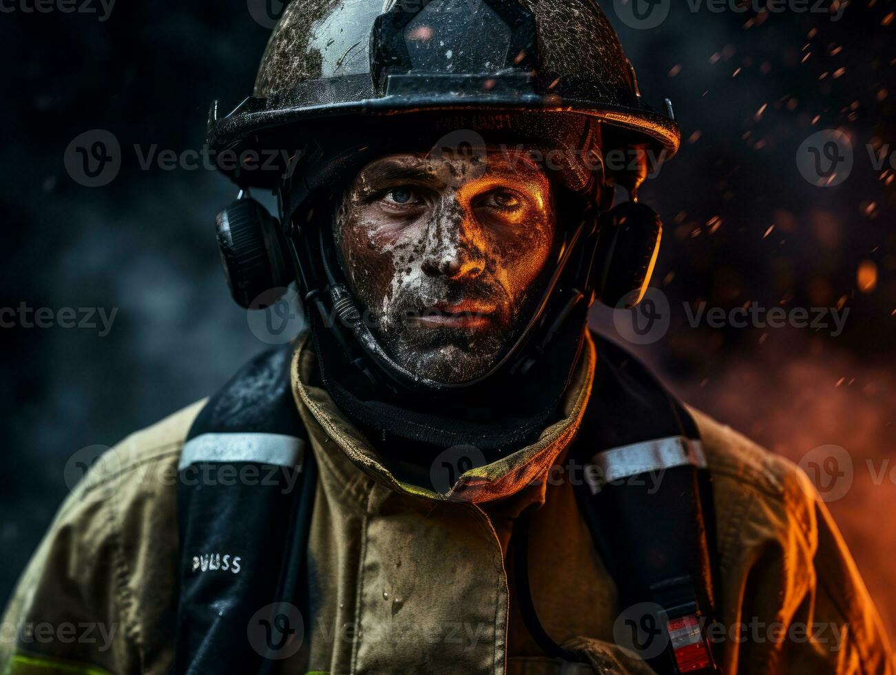 Courageous male firefighter fearlessly confronts the blazing inferno AI Generative photo