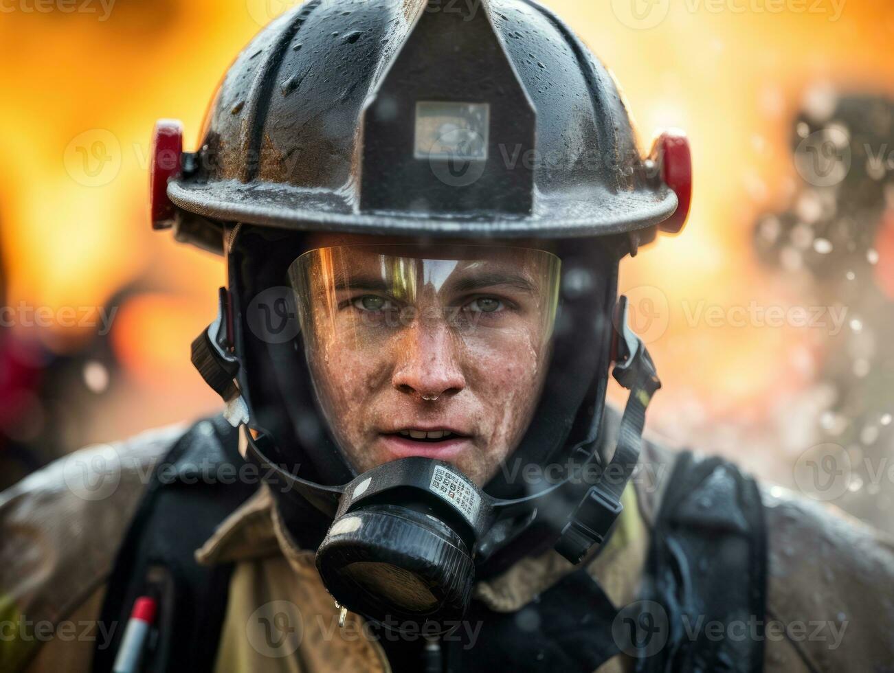 valiente masculino bombero sin miedo confronta el flameante infierno ai generativo foto