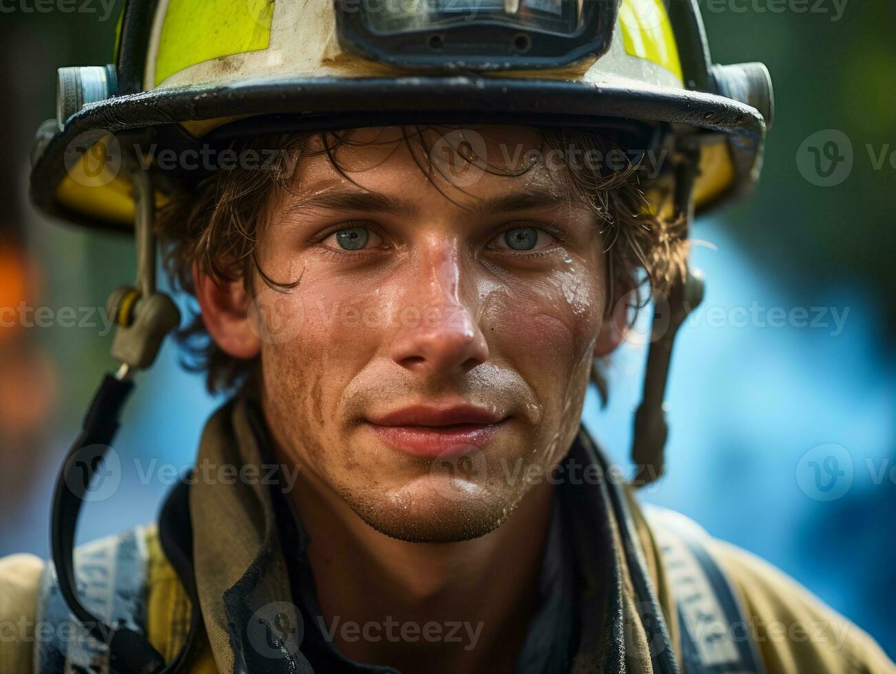 Courageous male firefighter fearlessly confronts the blazing inferno AI Generative photo