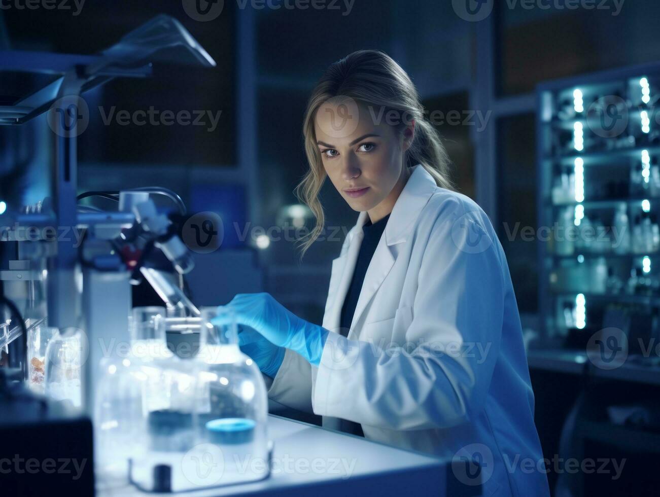 Female scientist conducting experiments in a high tech lab AI Generative photo