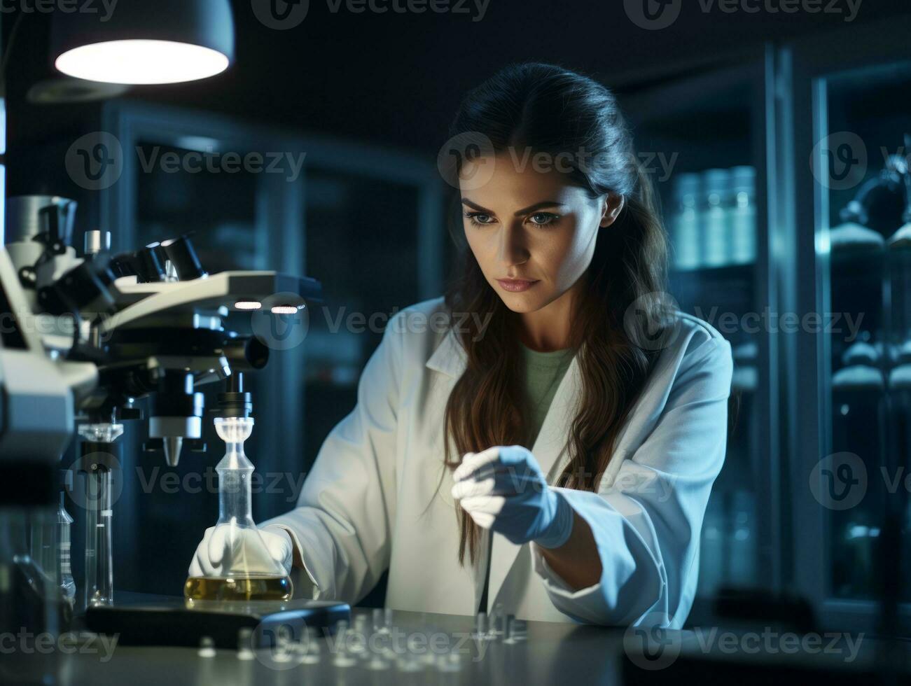 Female scientist conducting experiments in a high tech lab AI Generative photo