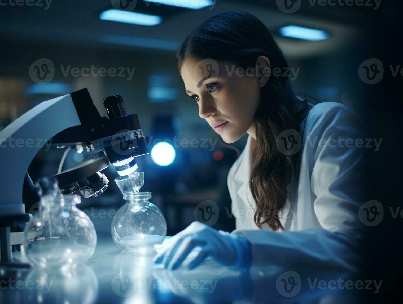 Female scientist conducting experiments in a high tech lab AI Generative photo