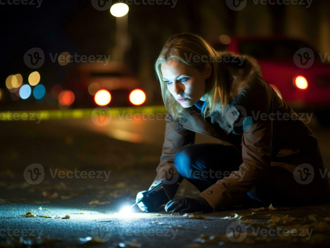 mujer policía es cuidadosamente examinando el crimen escena para potencial evidencia ai generativo foto