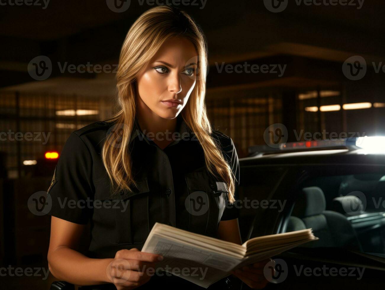 Policewoman is carefully examining the crime scene for potential evidence AI Generative photo