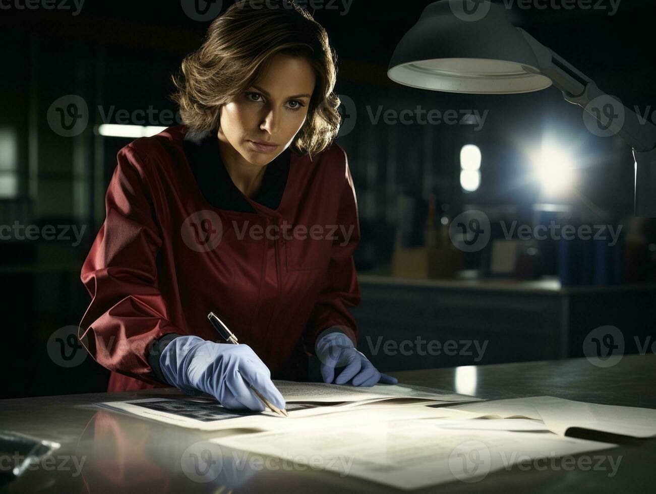 Policewoman is carefully examining the crime scene for potential evidence AI Generative photo