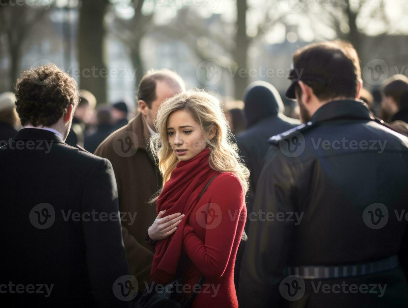 Policewoman is carefully examining the crime scene for potential evidence AI Generative photo
