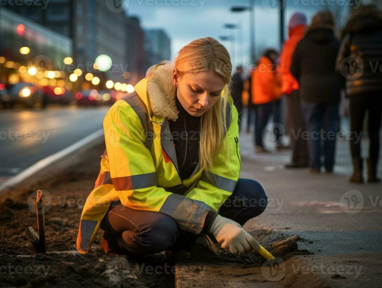 Policewoman is carefully examining the crime scene for potential evidence AI Generative photo