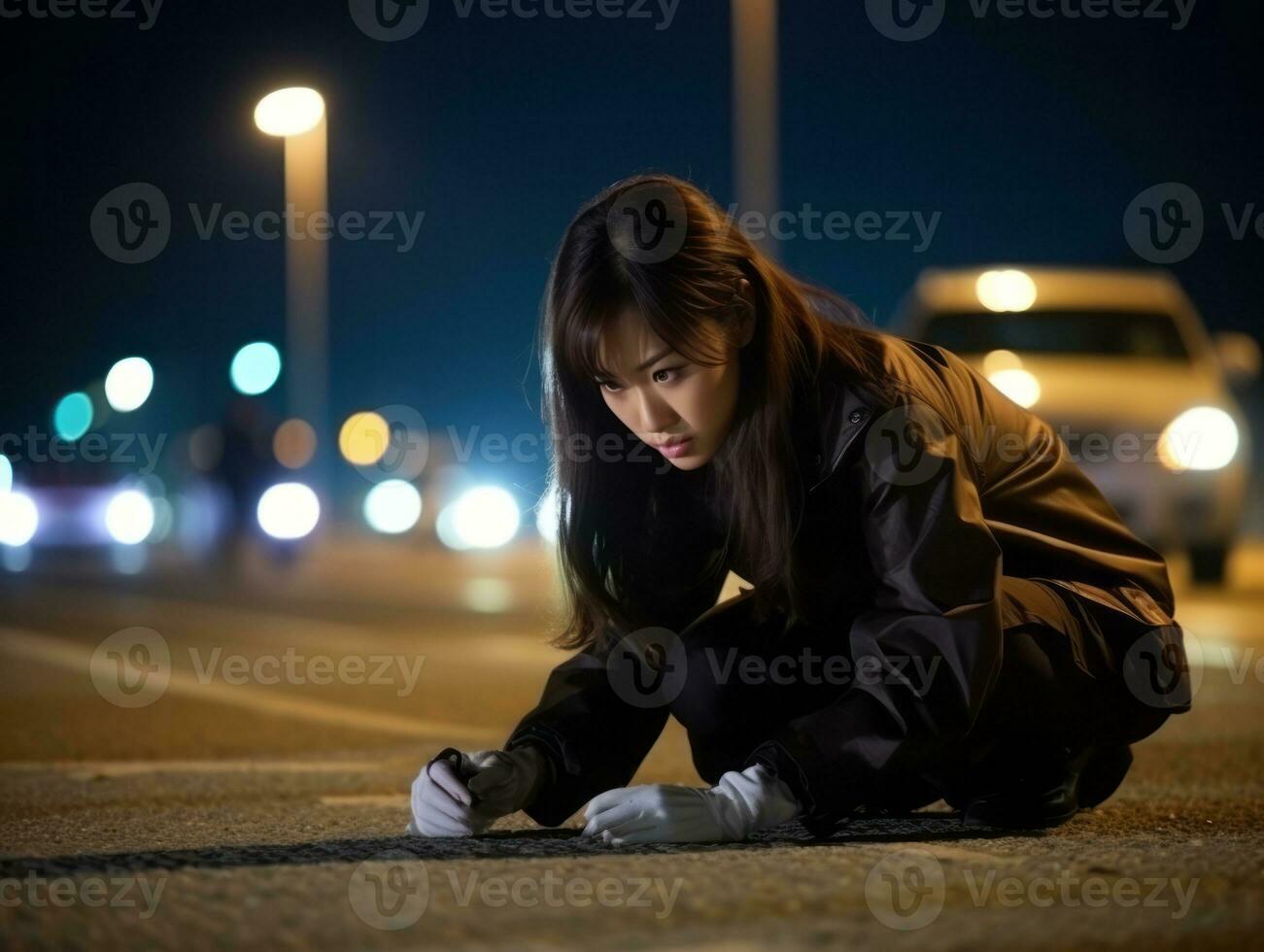 mujer policía es cuidadosamente examinando el crimen escena para potencial evidencia ai generativo foto