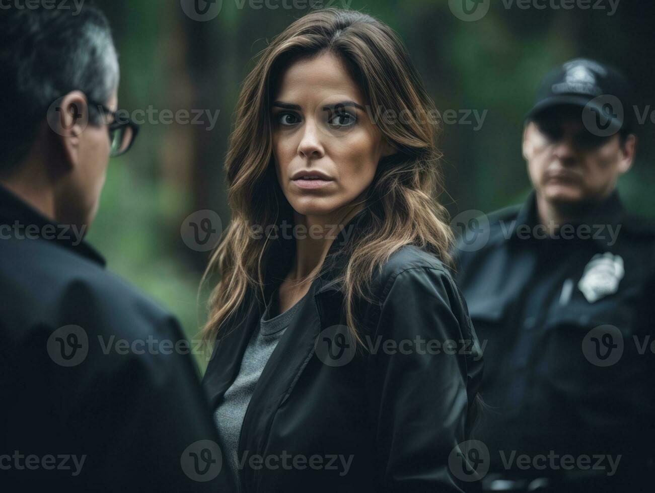 Policewoman is carefully examining the crime scene for potential evidence AI Generative photo