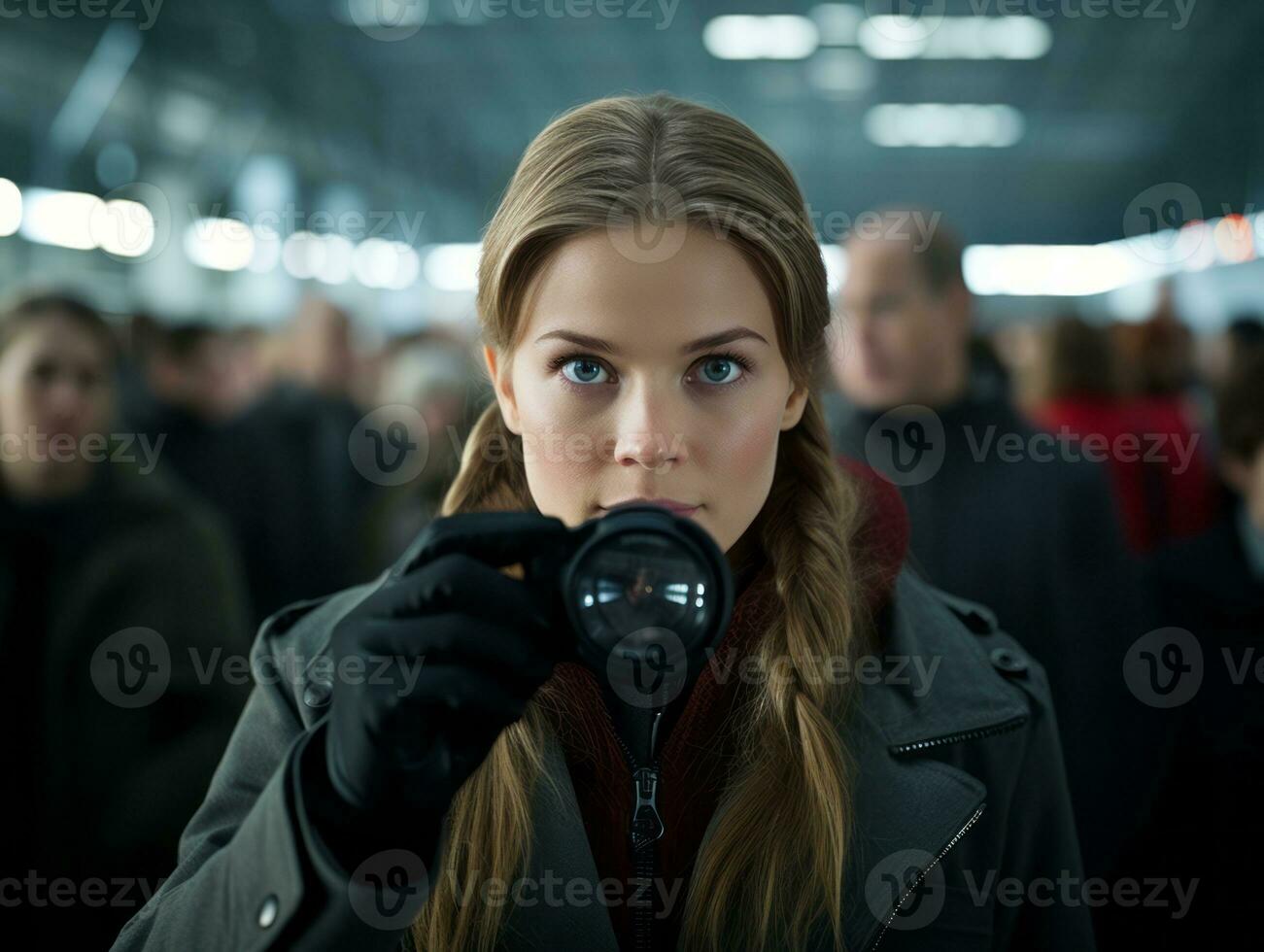 Policewoman is carefully examining the crime scene for potential evidence AI Generative photo