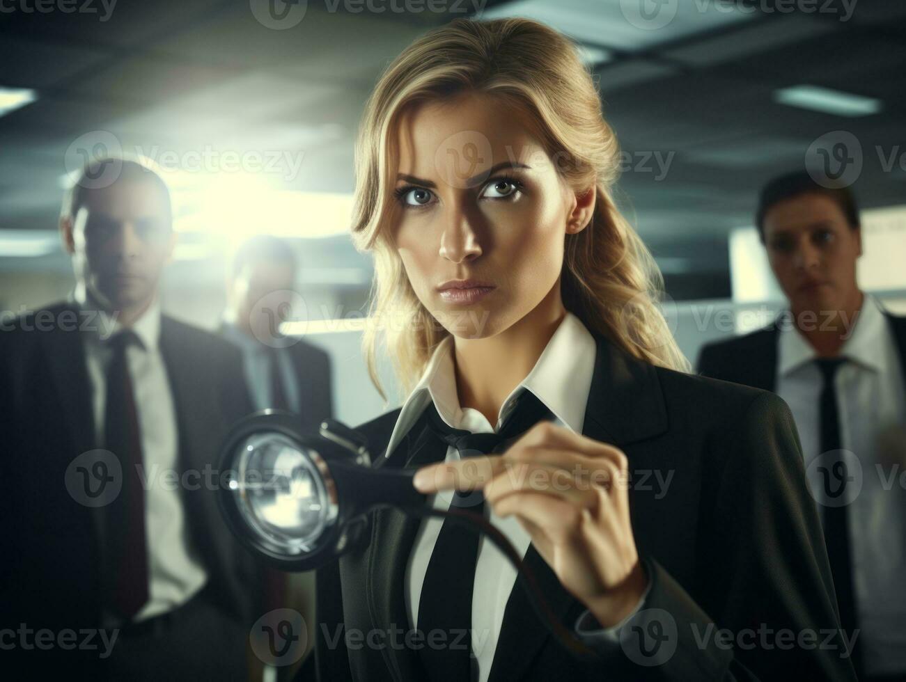 Policewoman is carefully examining the crime scene for potential evidence AI Generative photo