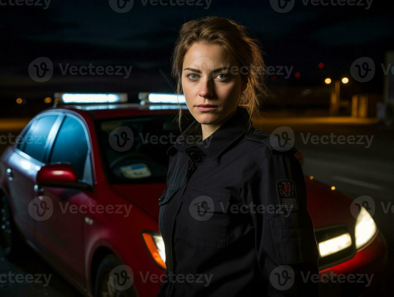 Policewoman is carefully examining the crime scene for potential evidence AI Generative photo