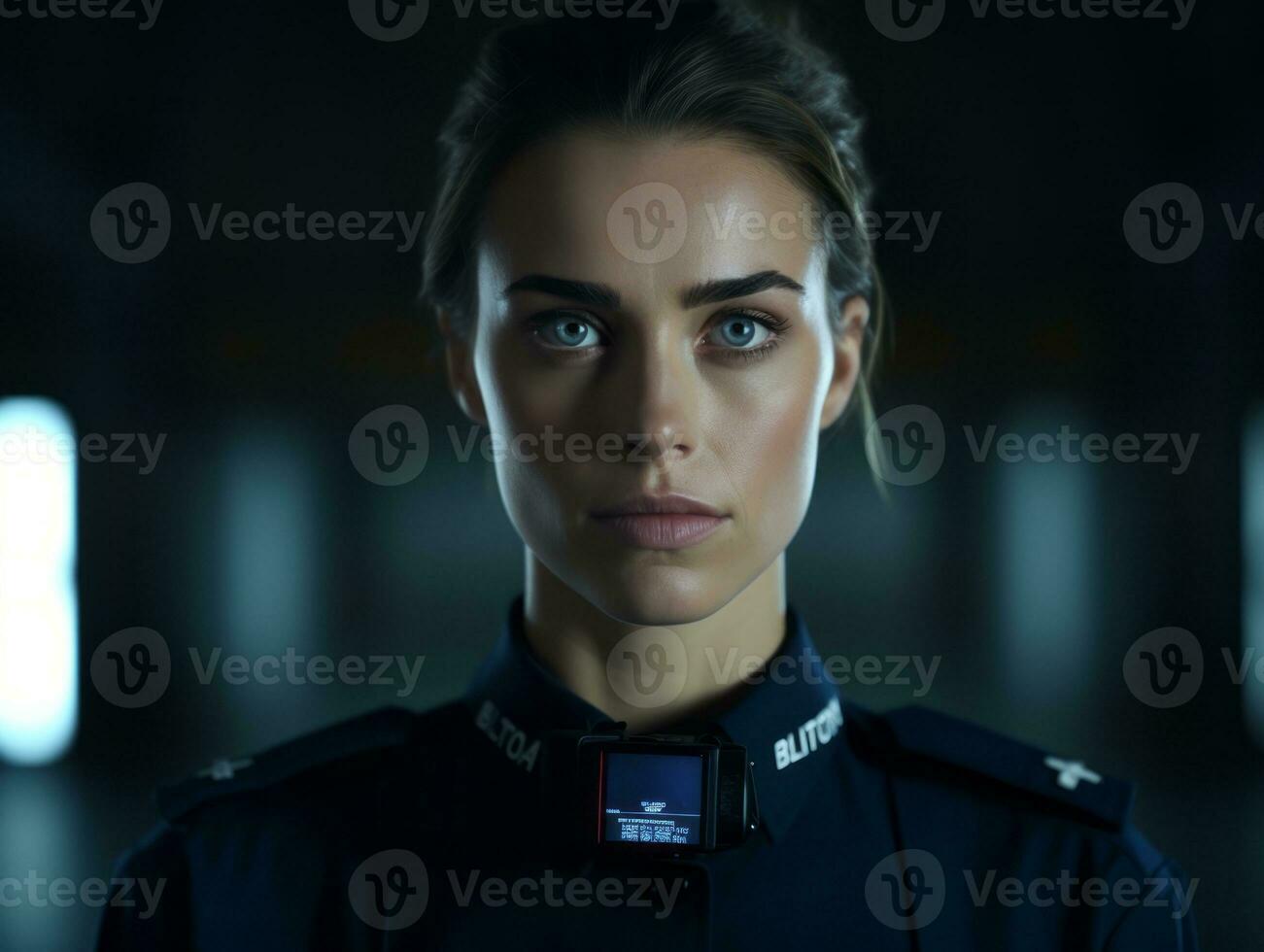 Policewoman is carefully examining the crime scene for potential evidence AI Generative photo