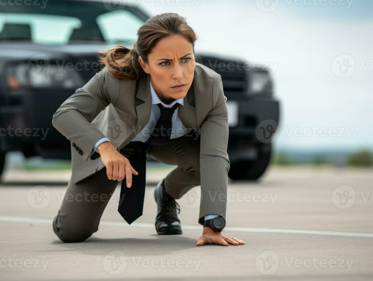 Policewoman is carefully examining the crime scene for potential evidence AI Generative photo