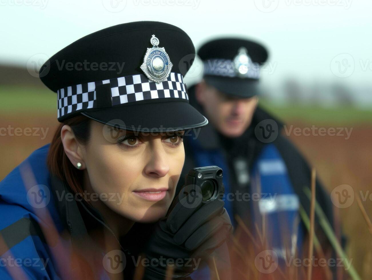 Policewoman is carefully examining the crime scene for potential evidence AI Generative photo