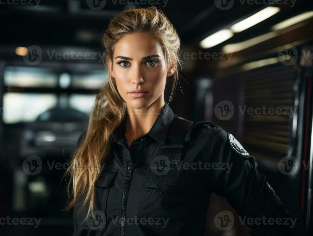 Policewoman is carefully examining the crime scene for potential evidence AI Generative photo