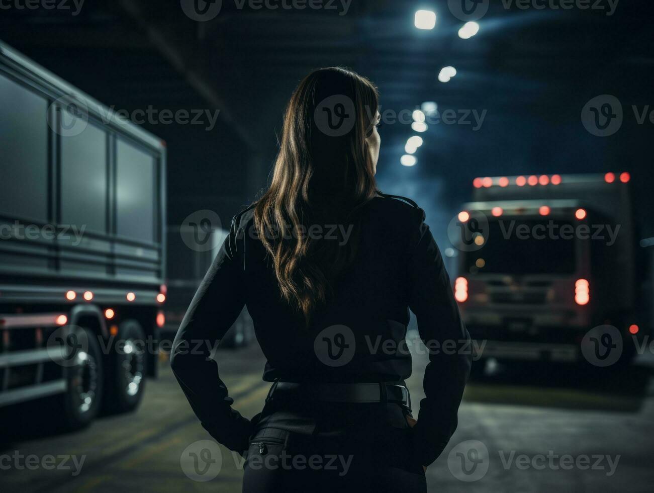 Policewoman is carefully examining the crime scene for potential evidence AI Generative photo