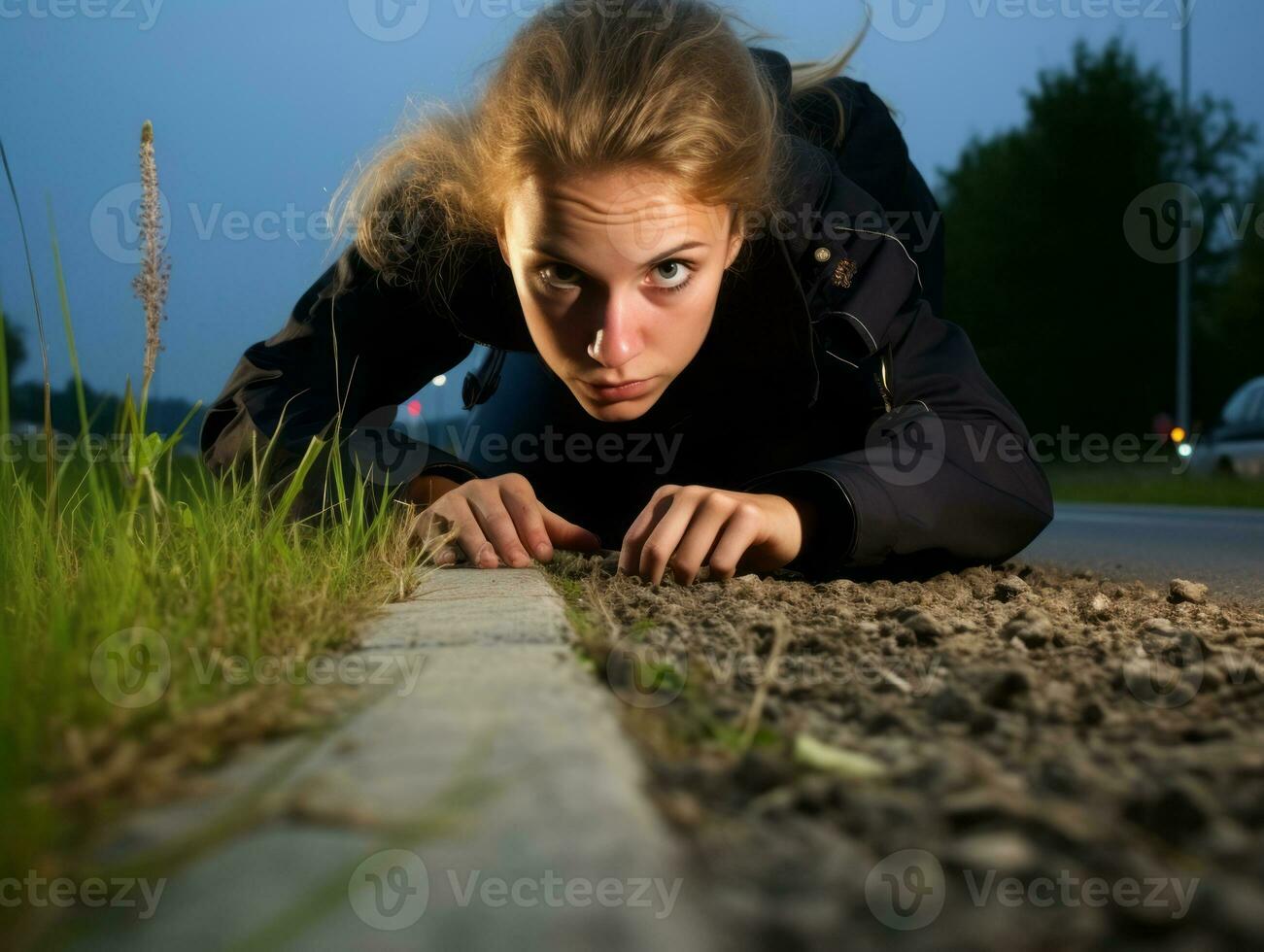 Policewoman is carefully examining the crime scene for potential evidence AI Generative photo