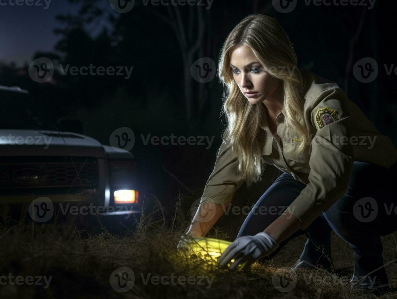 Policewoman is carefully examining the crime scene for potential evidence AI Generative photo