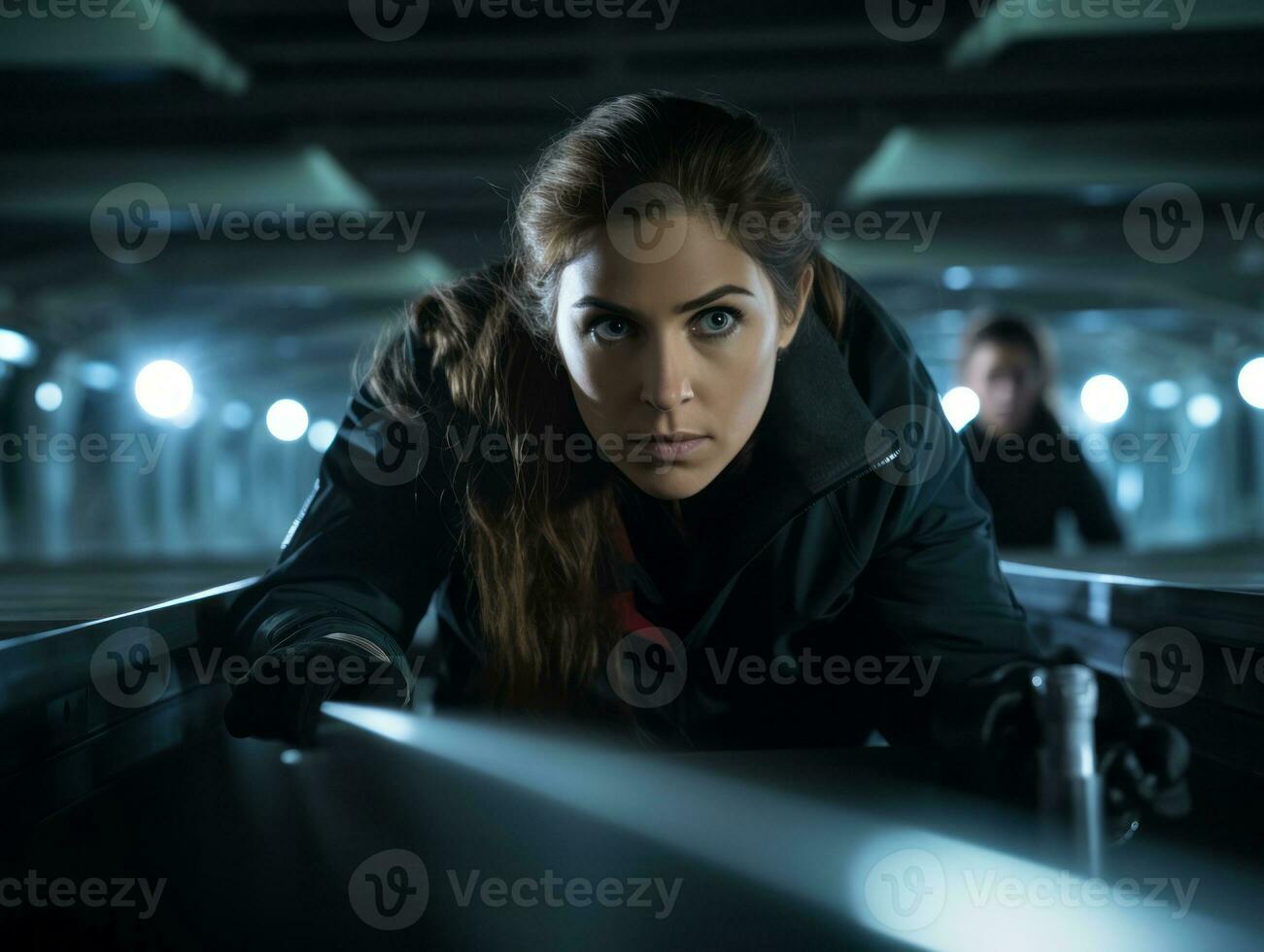 Policewoman is carefully examining the crime scene for potential evidence AI Generative photo