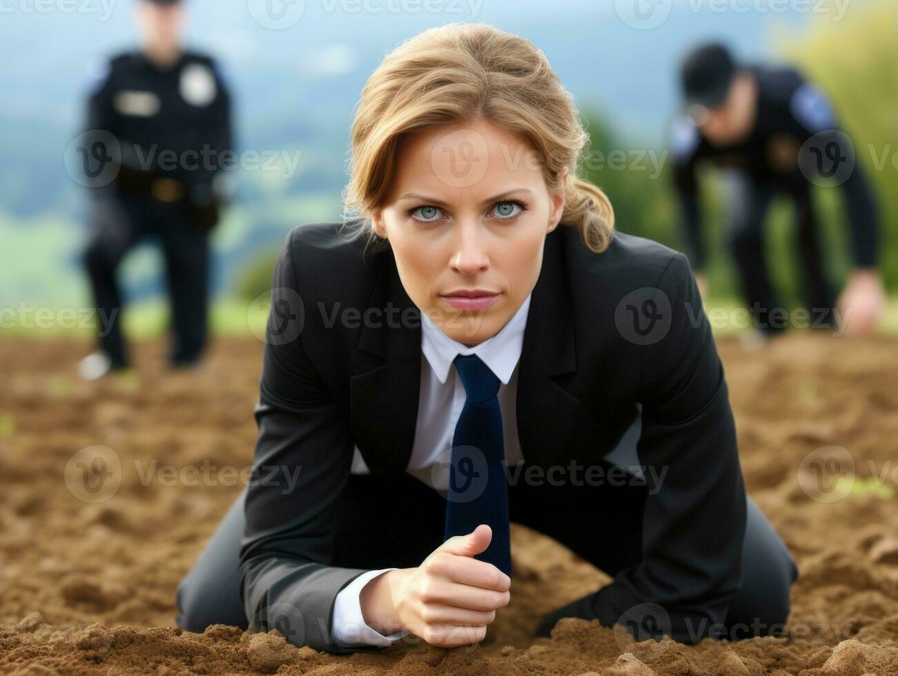 Policewoman is carefully examining the crime scene for potential evidence AI Generative photo